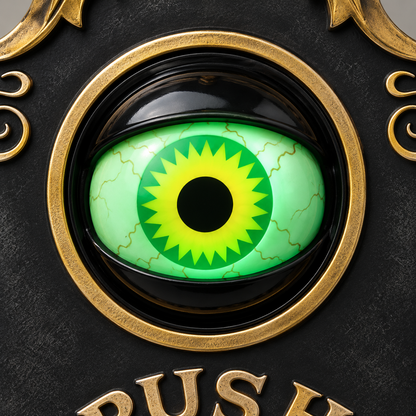 Close-up of the lit green eyeball on a black Halloween doorbell decoration, showing the yellow iris, black pupil and fine veins inside the gold-toned ring