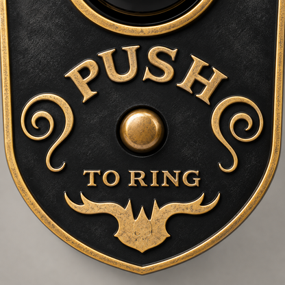 Close-up of the raised gold-toned PUSH and TO RING lettering and the small round gold-toned button on a black Halloween doorbell decoration