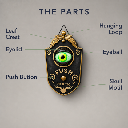 Labelled diagram of a black Halloween eyeball doorbell decoration naming the leaf crest, hanging loop, eyelid, eyeball, push button and skull motif