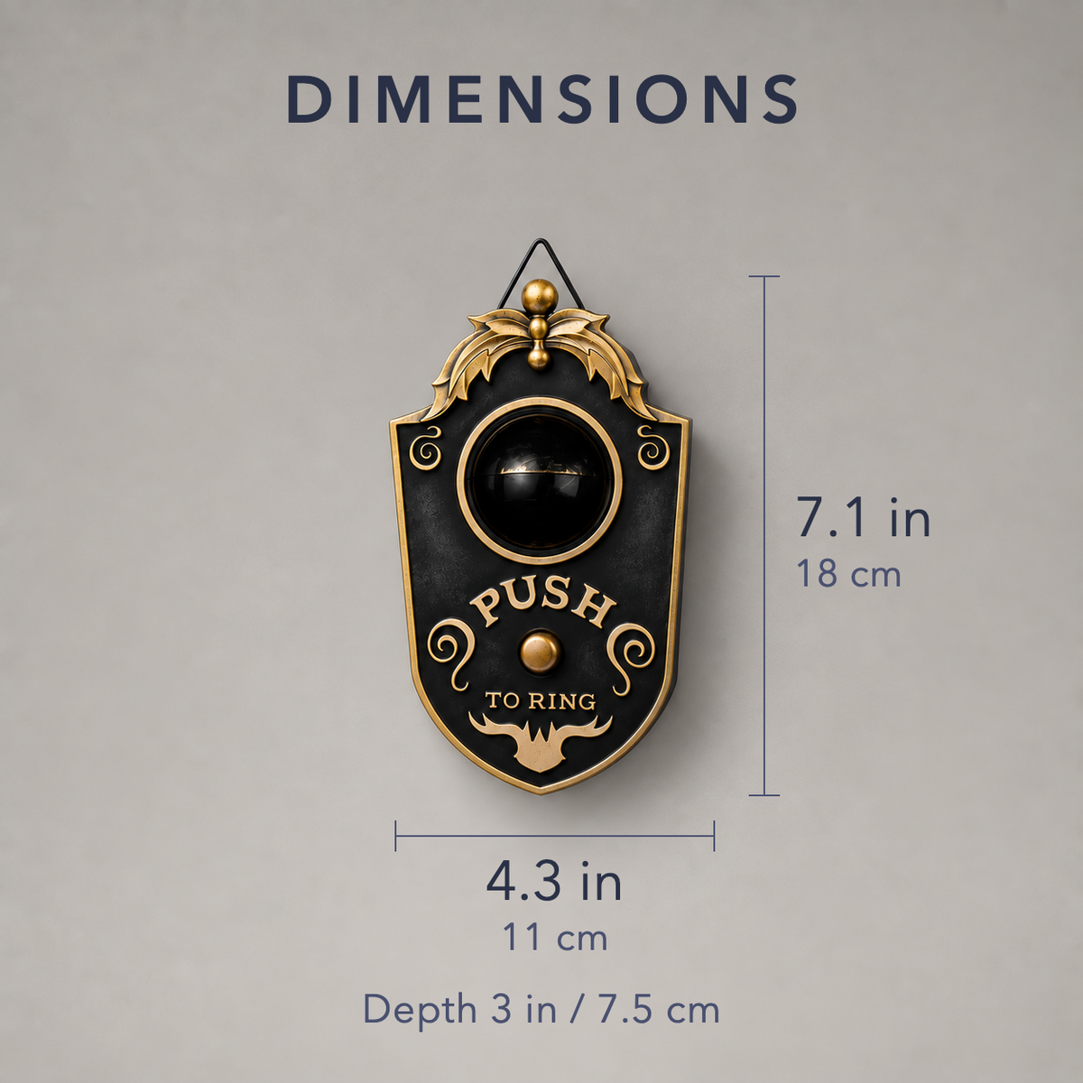 Dimension diagram of the Halloween eyeball doorbell decoration, 4.3 inches wide and 7.1 inches tall, with a depth of 3 inches