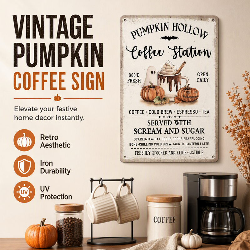 Halloween coffee station sign hanging on a wall above a coffee maker, mug tree and coffee canister