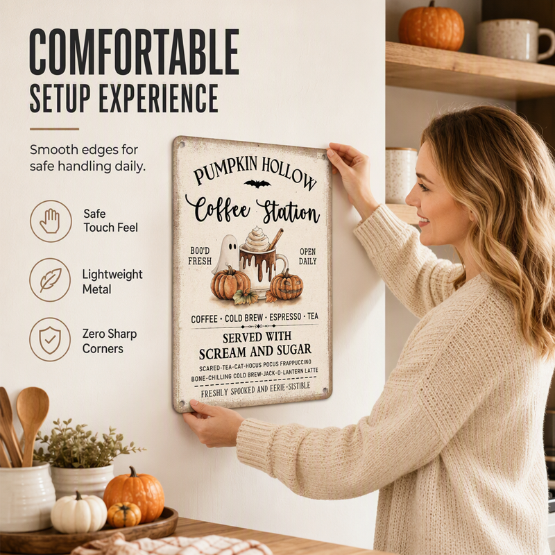 Metal Halloween coffee sign being held flat against a kitchen wall, showing its full printed menu