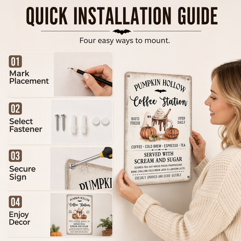 Halloween coffee station sign held against a wall beside a four step guide to marking and mounting it