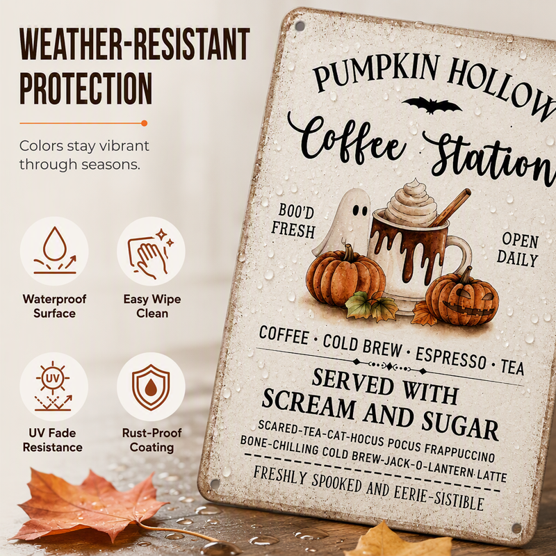 Vintage style Halloween coffee sign propped upright among fallen autumn leaves