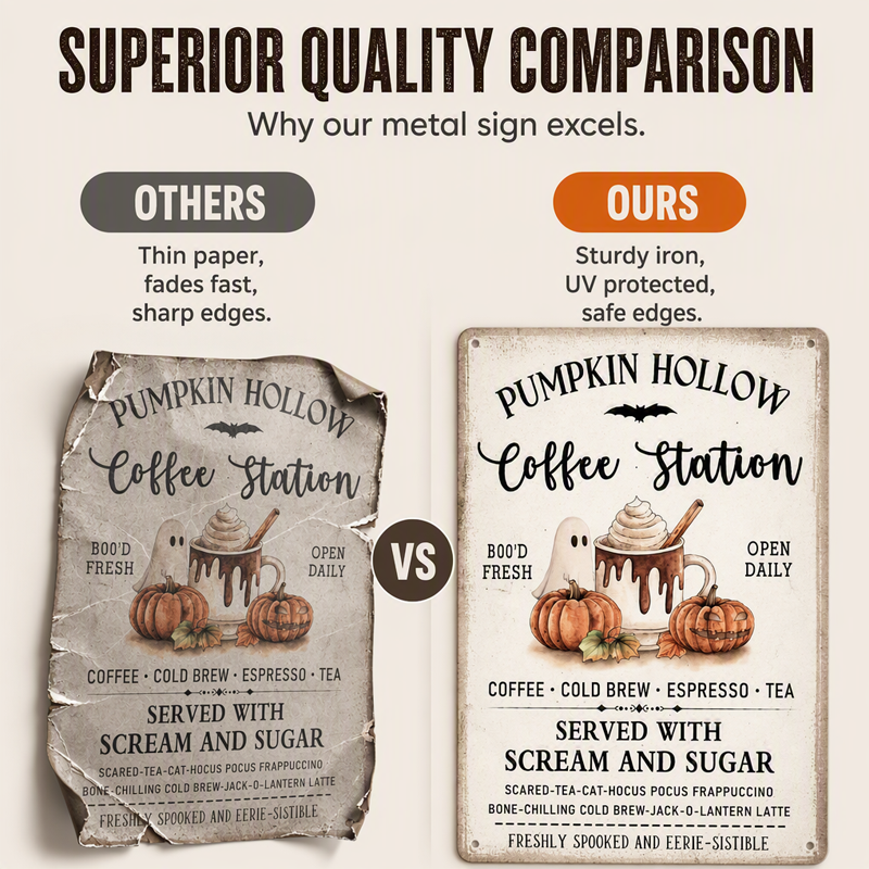 Halloween coffee station sign on iron shown beside a torn paper version of the same design