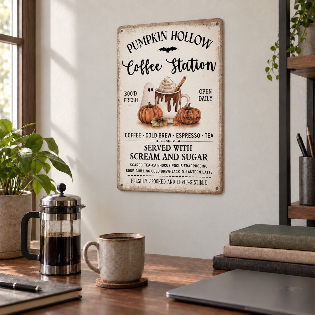 Pumpkin Hollow Coffee Station metal sign on a home office wall above a desk with a French press, a stoneware mug and a laptop in window daylight