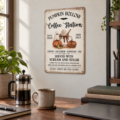 Pumpkin Hollow Coffee Station metal sign on a home office wall above a desk with a French press, a stoneware mug and a laptop in window daylight