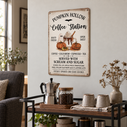 Halloween coffee station sign on a living room wall above a coffee cart holding a moka pot, a jar of coffee beans and two stoneware mugs