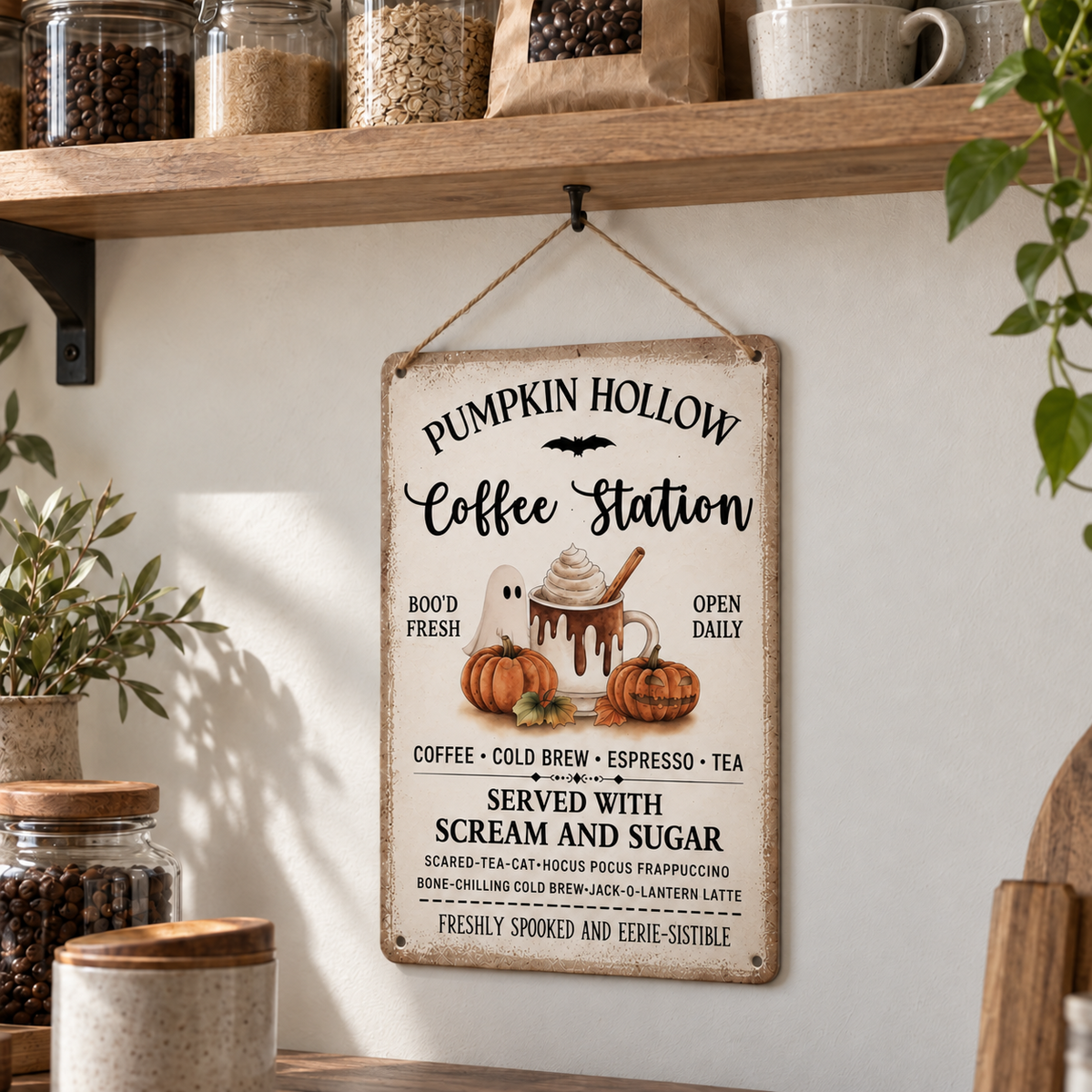 Halloween coffee station sign hung by jute twine from a hook under a pantry shelf of coffee jars, a bag of beans and stacked mugs