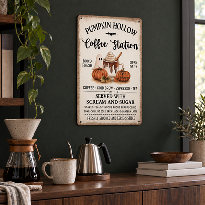Halloween coffee station sign reading served with scream and sugar on a dark green wall above a sideboard with a pour over carafe and gooseneck kettle