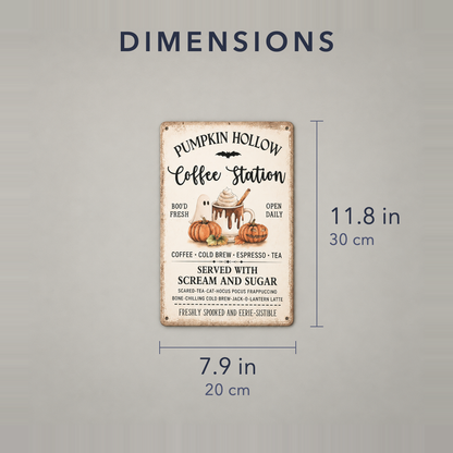 Dimension diagram showing the Halloween coffee station sign at 7.9 inches or 20 centimetres wide and 11.8 inches or 30 centimetres tall