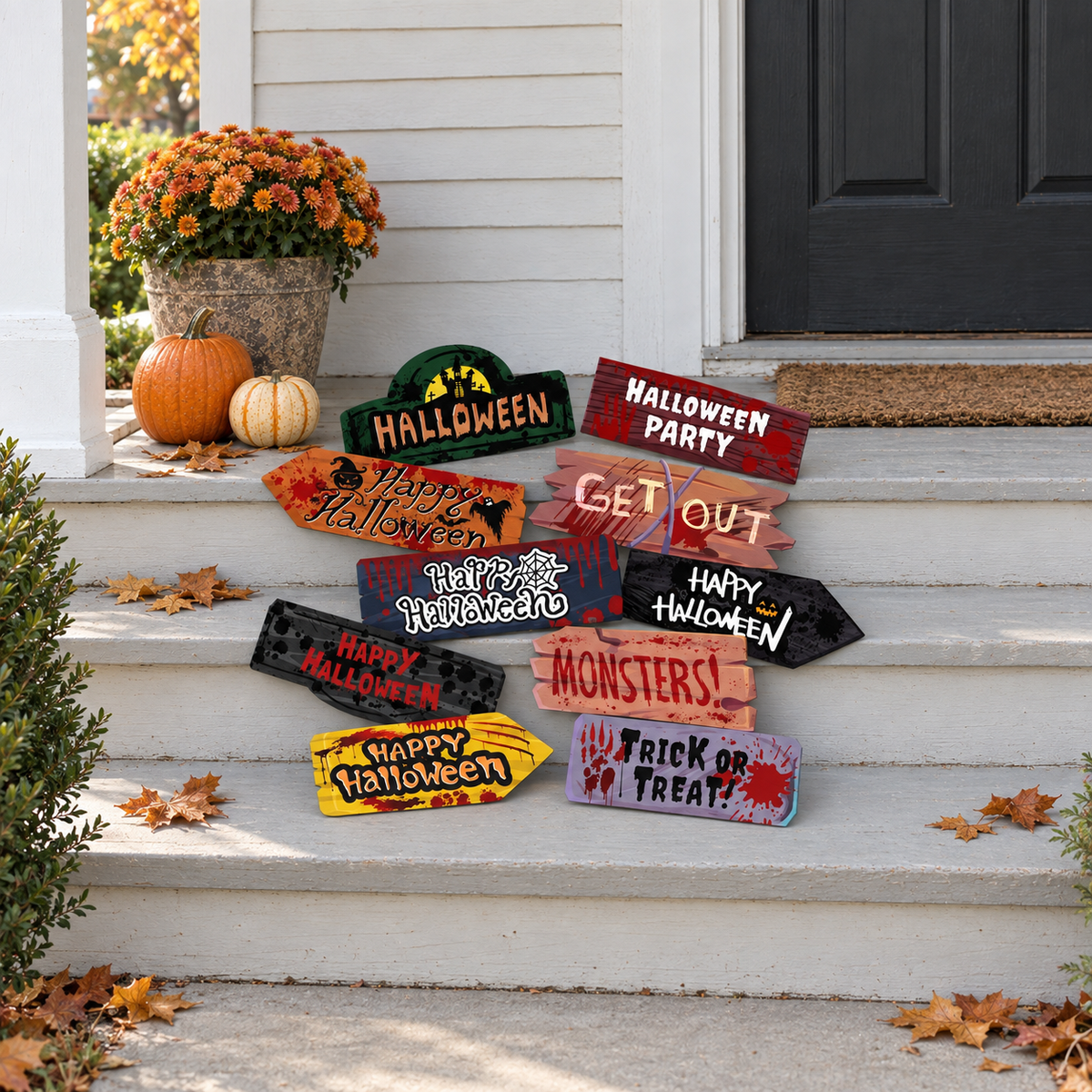 Ten Halloween signs arranged on white porch steps in daylight, beside pumpkins and a pot of orange flowers