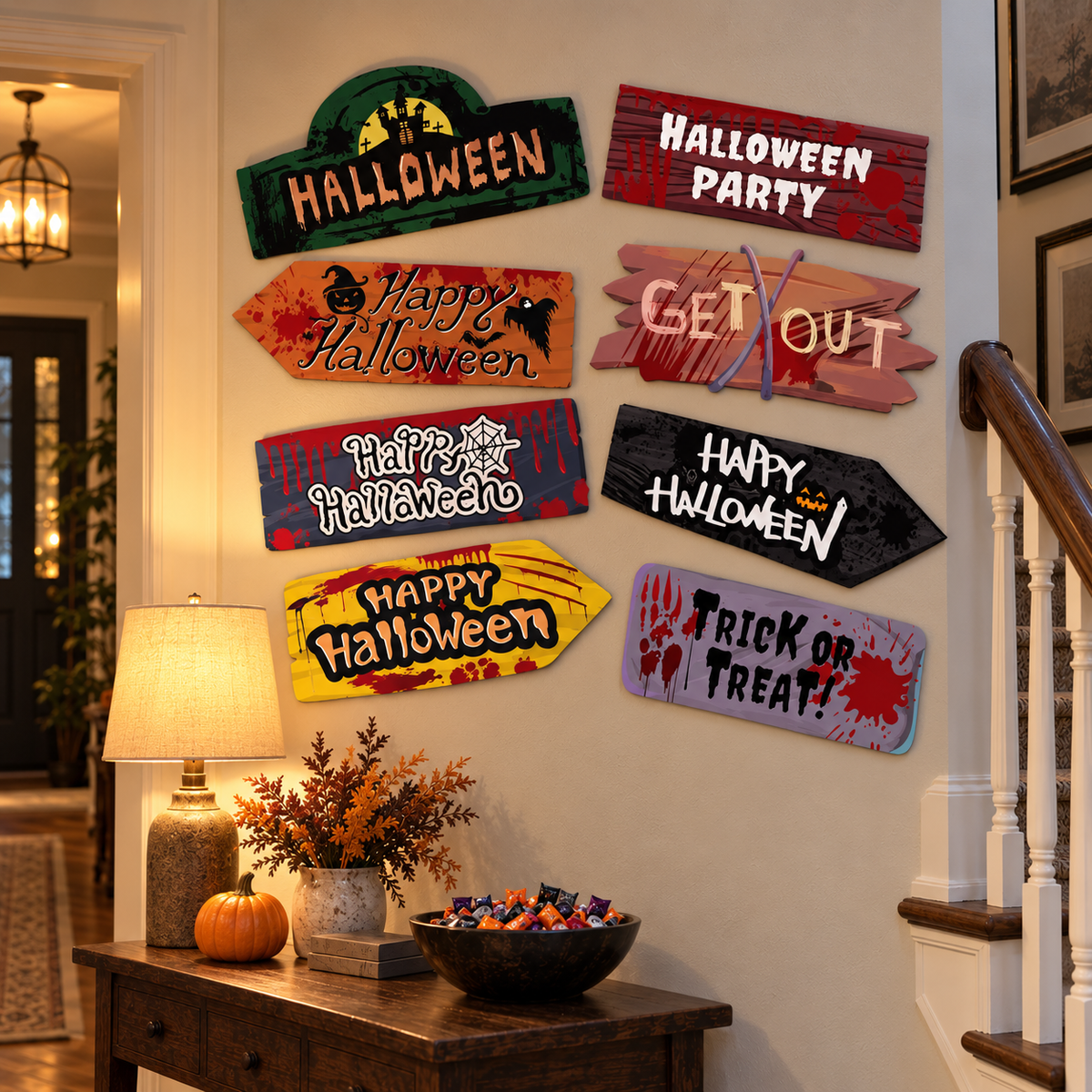 Eight of the Halloween signs shown against a pale hallway wall, beside a lit table lamp and a bowl of sweets