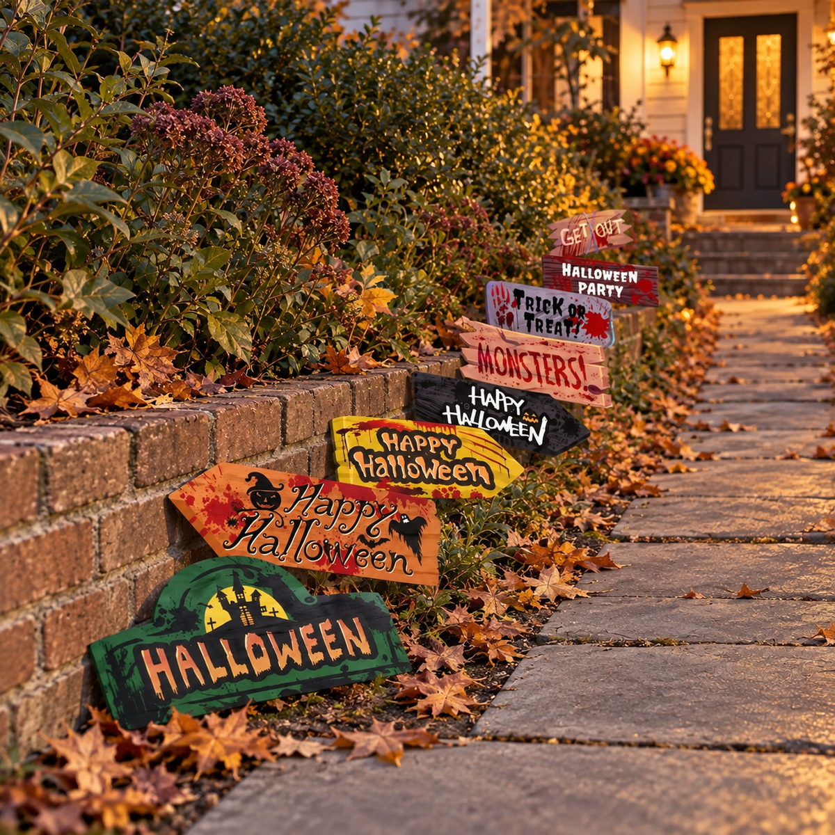 Halloween signs resting along a low brick wall beside a garden path in the evening, with a lit doorway behind