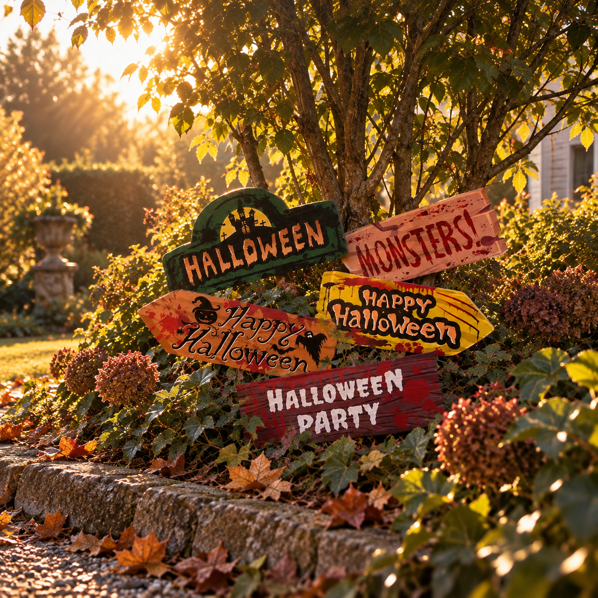 Halloween signs set among garden foliage with low sun behind them, their cut outlines reading as silhouettes
