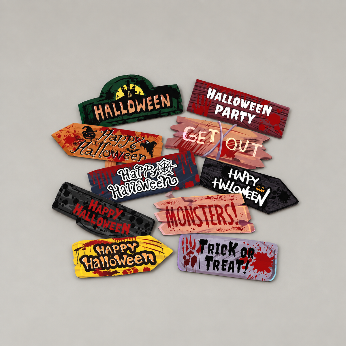 All ten Halloween signs fanned out on a plain grey background, each one cut to its own outline