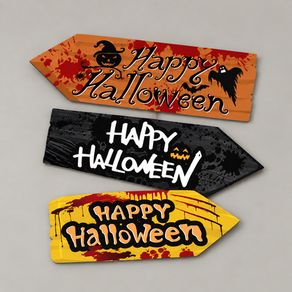 Three of the Halloween signs on a plain grey background, one cut to a point at the left and two at the right