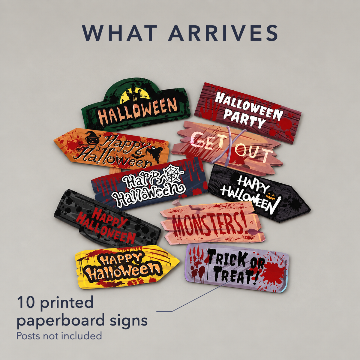 All ten Halloween signs on a plain grey background, labelled ten printed paperboard signs, posts not included