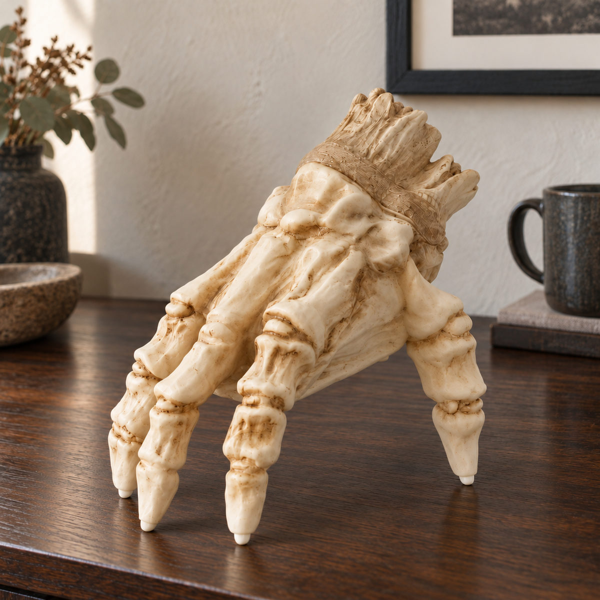 Unlit skeleton hand standing on its fingertips on a dark walnut hallway console beside a stoneware mug