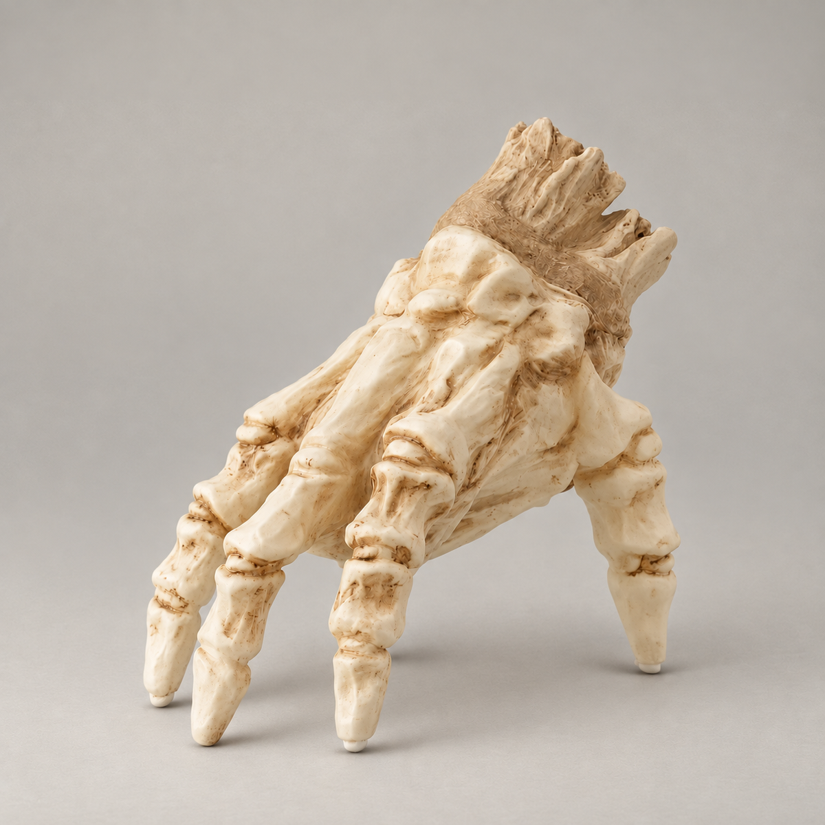 Skeleton hand ornament switched off on a plain grey background, standing on its fingertips with a torn stump at the wrist