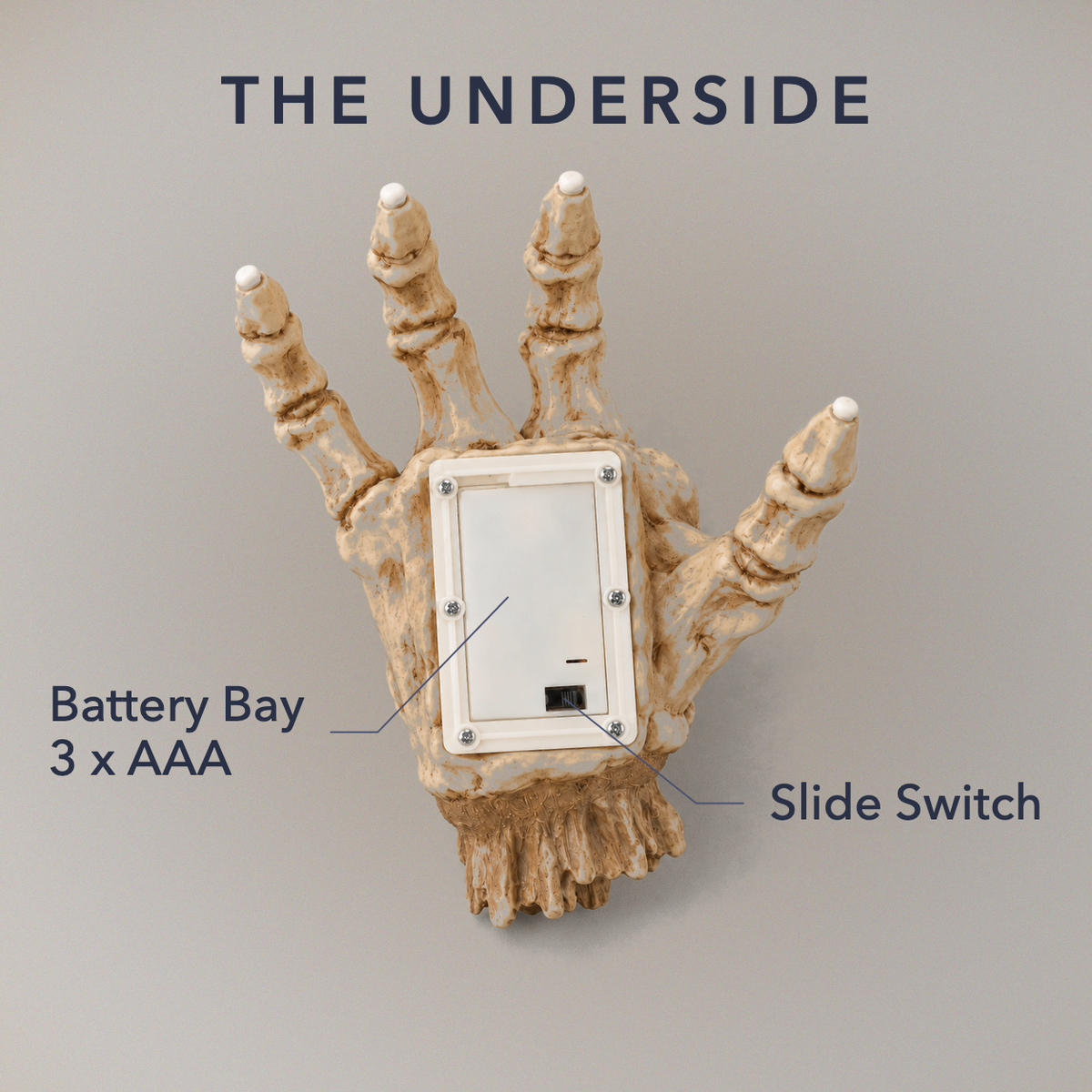 The underside of the skeleton hand on a plain grey background, showing the white battery housing set into the back of the hand, labelled: battery bay for three AAA cells, and slide switch