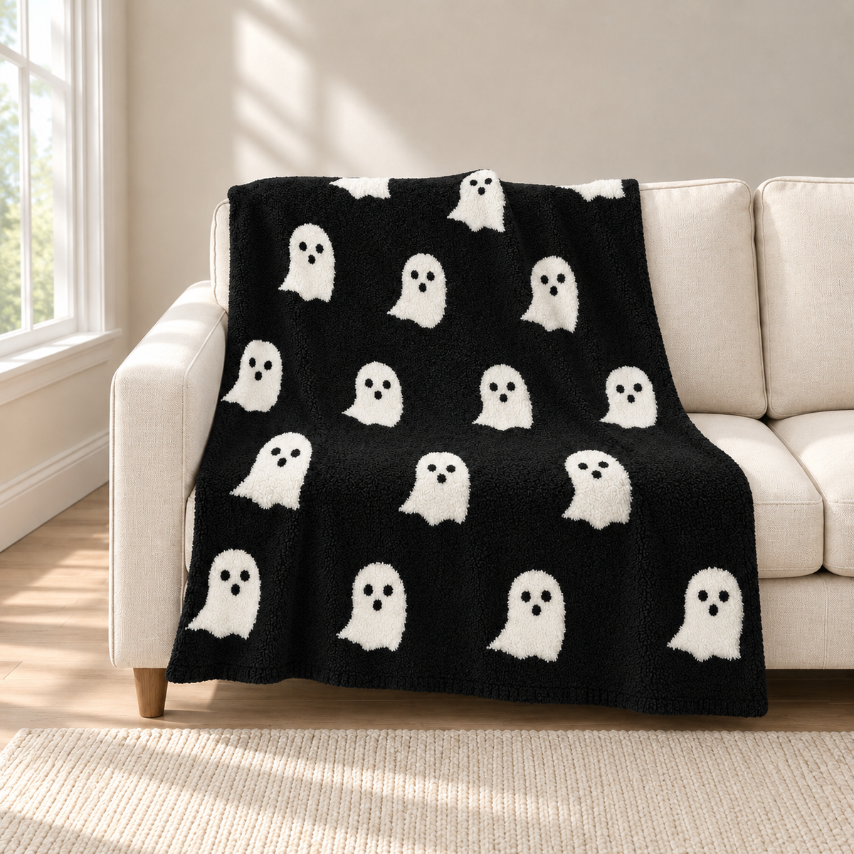 Ghost knit throw blanket in black with white ghosts, draped over the arm and seat of a cream sofa in daylight