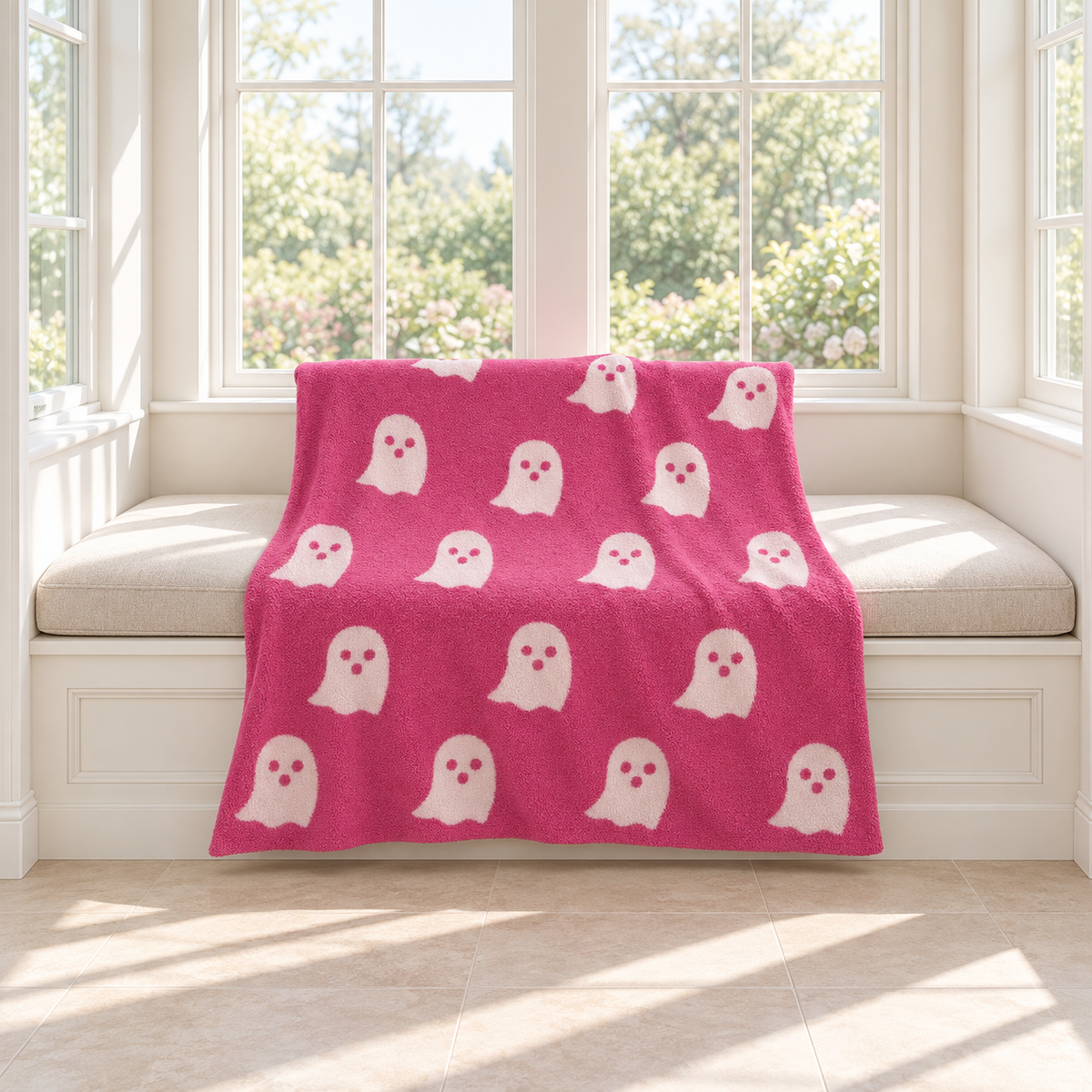 Ghost knit throw blanket in pink with ivory ghosts, draped over a sunroom window seat in bright daylight