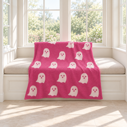 Ghost knit throw blanket in pink with ivory ghosts, draped over a sunroom window seat in bright daylight