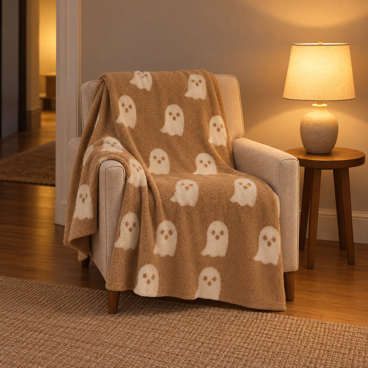 Ghost knit throw blanket in tan with ivory ghosts, over a reading armchair beside a lit table lamp in the evening