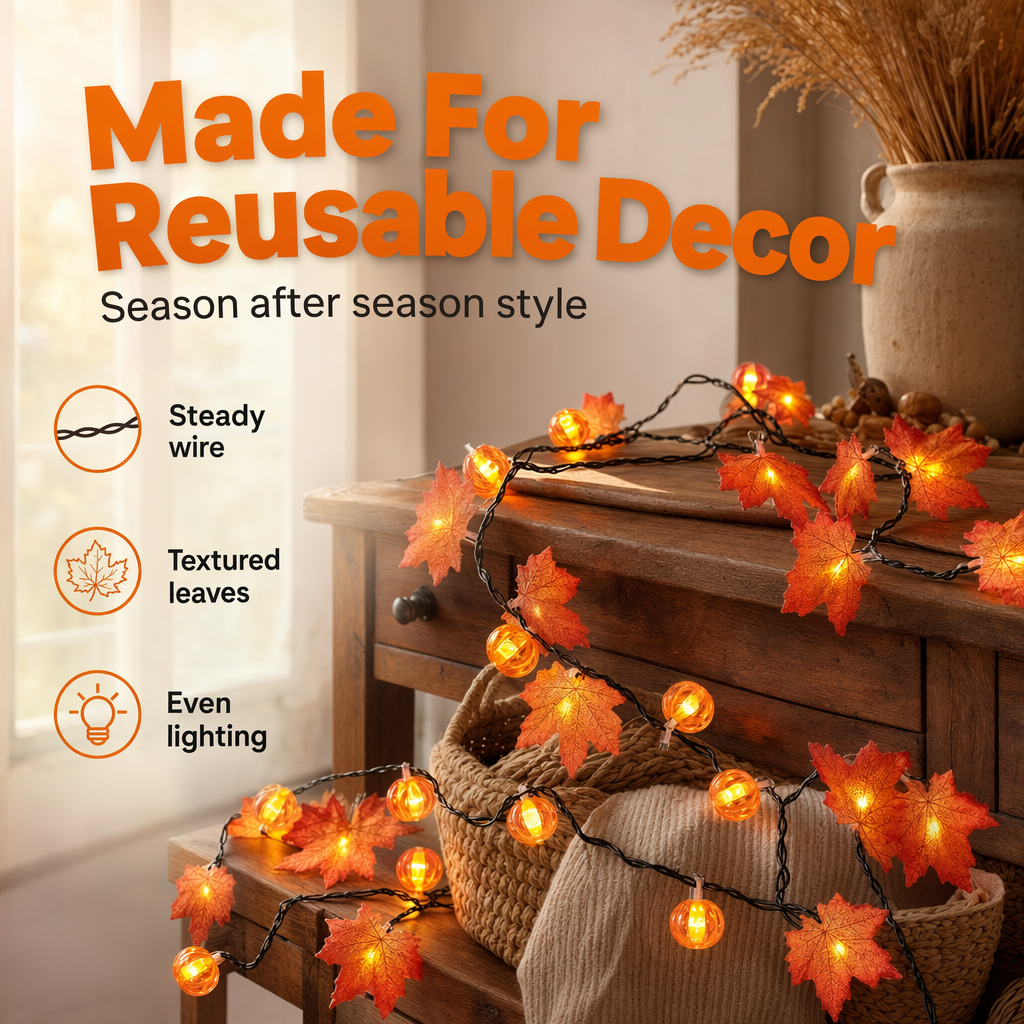 Maple leaf and pumpkin string lights lit and draped across a wooden console table beside a bright window