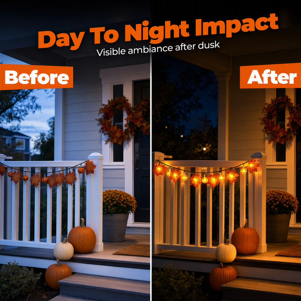 Maple leaf and pumpkin string lights on a white porch rail, shown unlit in daylight and lit after dark
