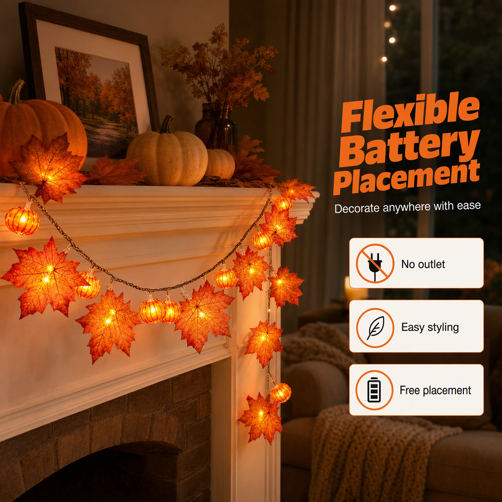 Maple leaf and pumpkin string lights swagged along a white mantel with pumpkins on the shelf above
