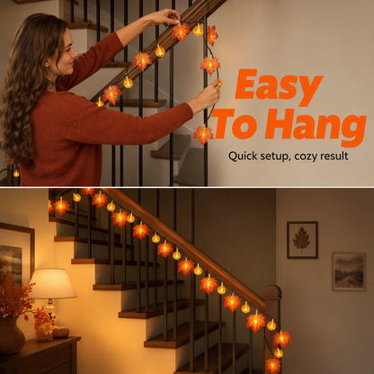 Maple leaf and pumpkin string lights being hung along a stair banister, and the same banister lit