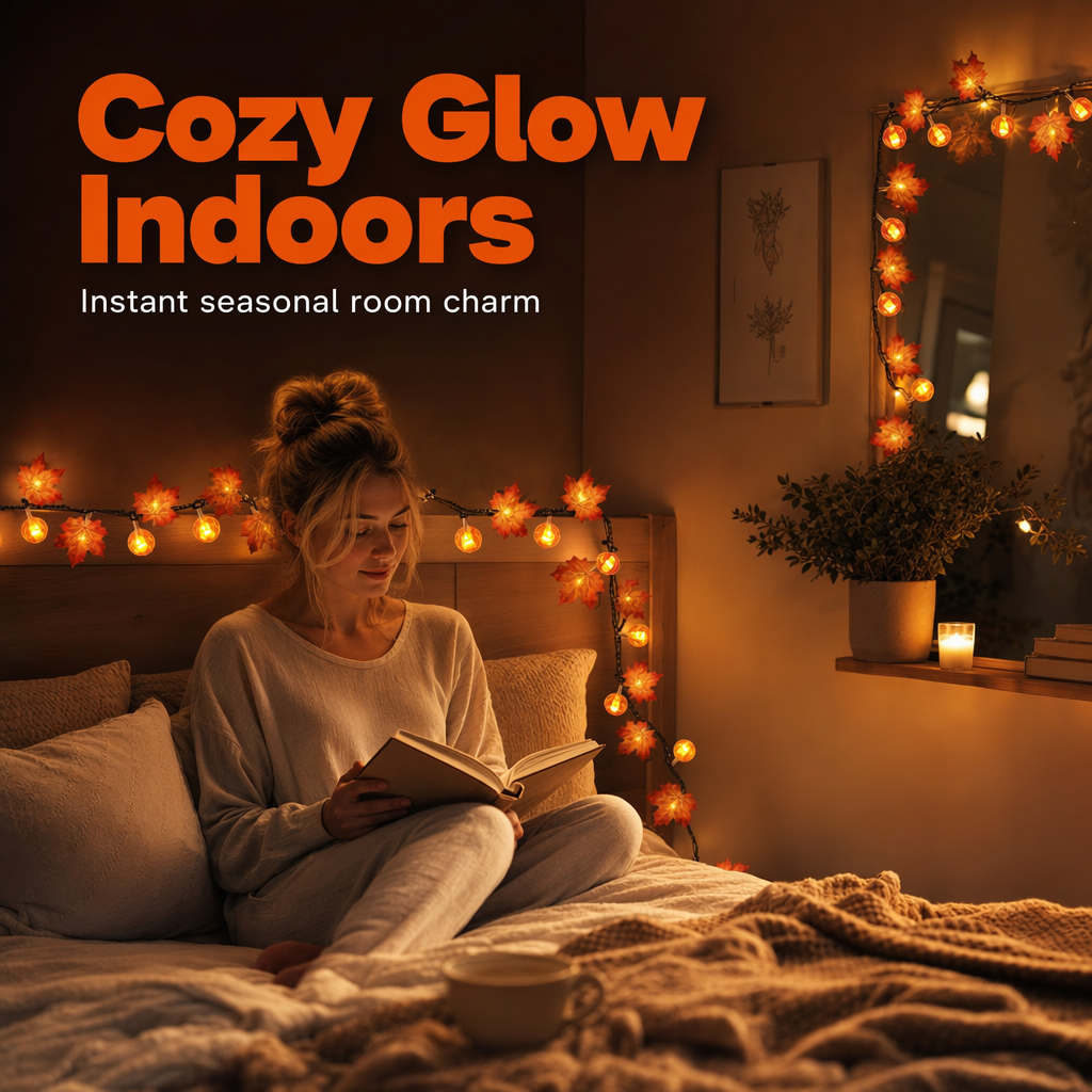 Maple leaf and pumpkin string lights lit along a bedroom headboard and around a wall mirror