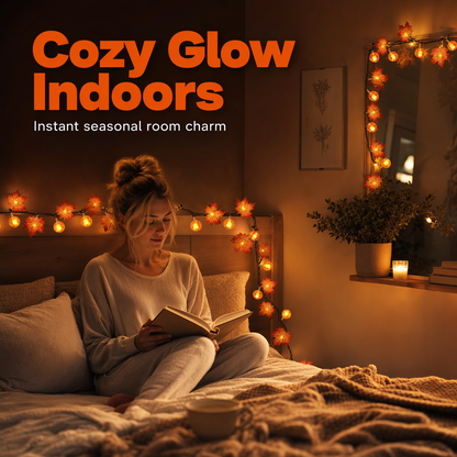 Maple leaf and pumpkin string lights lit along a bedroom headboard and around a wall mirror