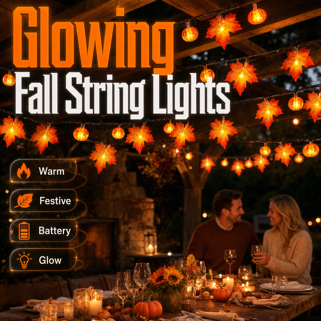 Maple leaf and pumpkin string lights lit across a pergola above an outdoor dinner table