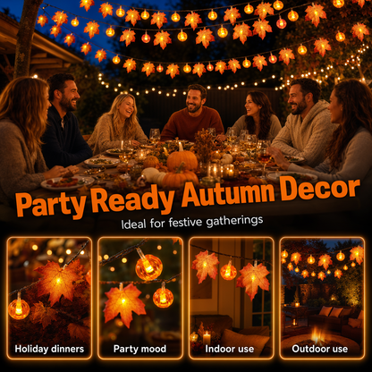 Maple leaf and pumpkin string lights lit above an outdoor party table, with close views of the leaves and pumpkin bulbs
