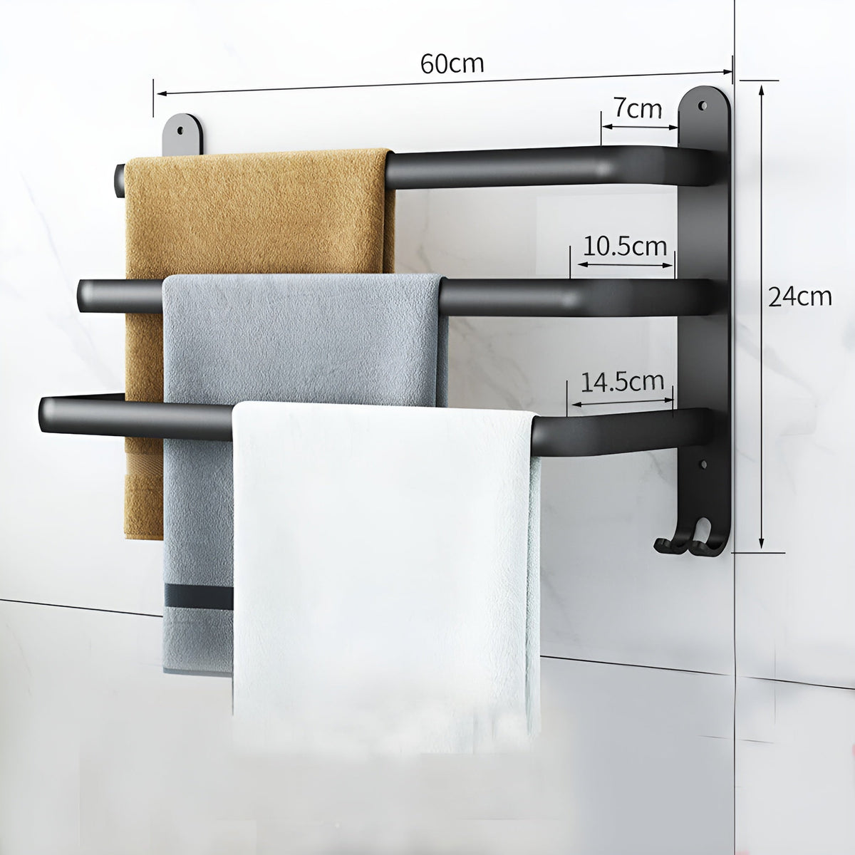 Dimensions of the three-bar black aluminum towel rack: 60 cm wide plate to plate, 24 cm tall including the hooks, bars 7, 10.5 and 14.5 cm out from the wall