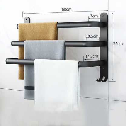 Dimensions of the three-bar black aluminum towel rack: 60 cm wide plate to plate, 24 cm tall including the hooks, bars 7, 10.5 and 14.5 cm out from the wall