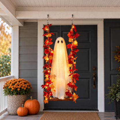 Hanging ghost swing lit on a covered front porch in daylight, the ghost standing on a wooden seat between two ropes wound with red and orange maple leaves