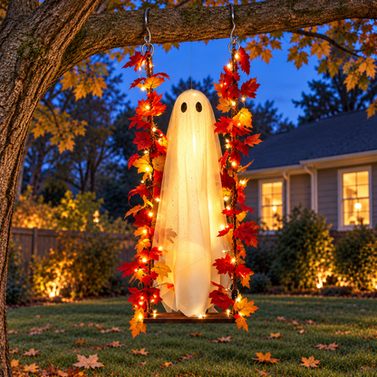 Ghost swing hanging from an oak branch in a garden at dusk, the ghost and maple leaf garland lit