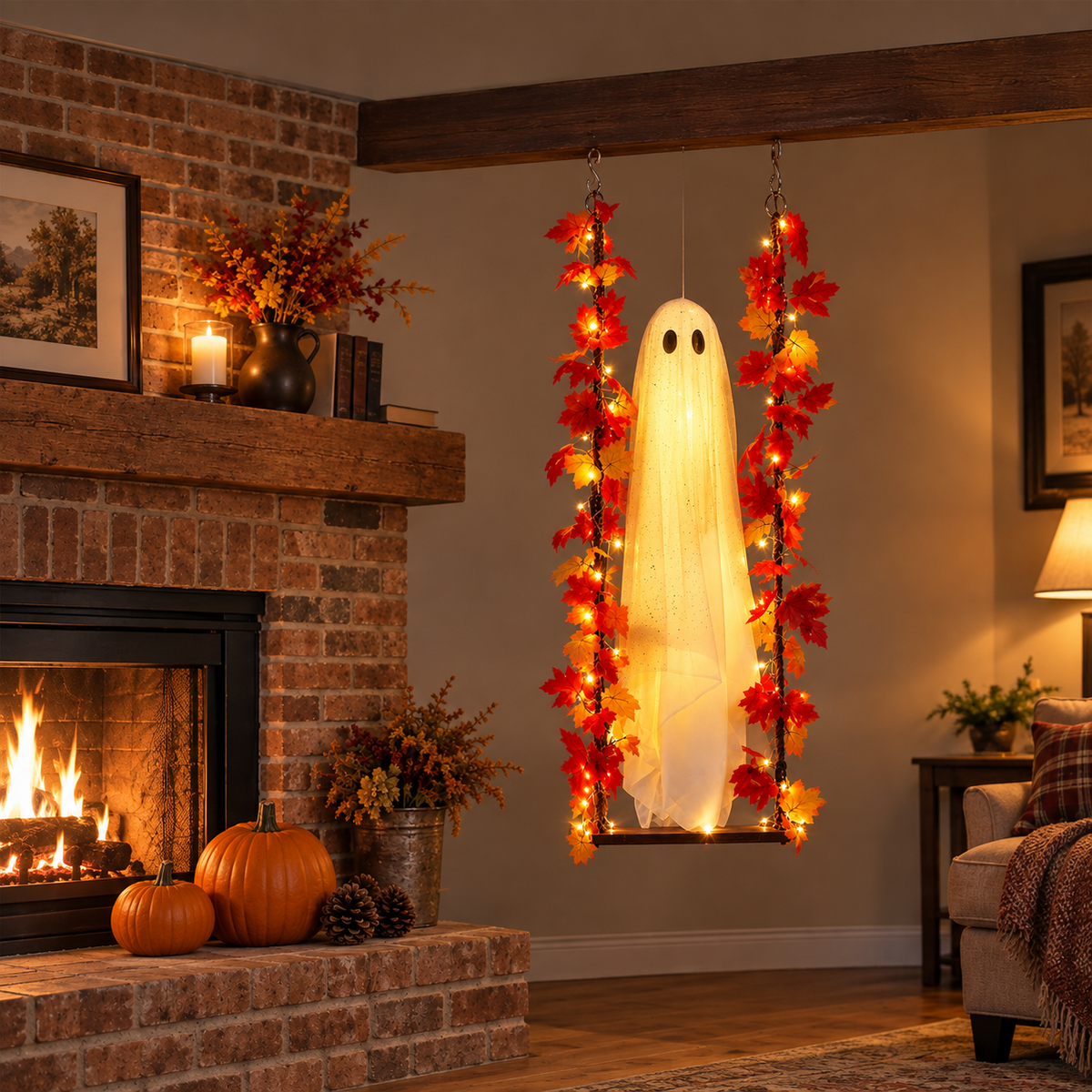 Lit ghost swing hanging beside a brick fireplace in a living room in the evening