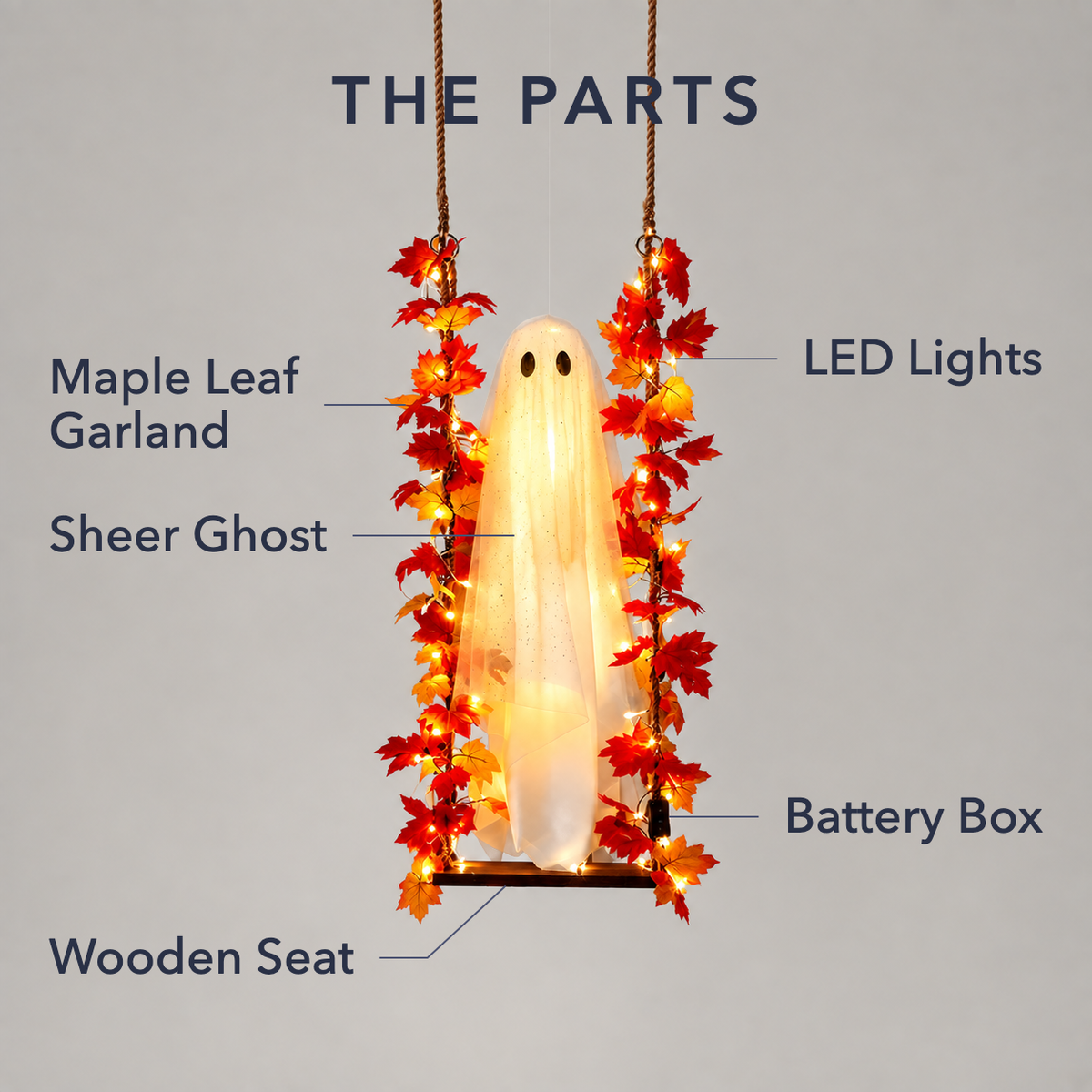 Parts of the ghost swing labelled: maple leaf garland, LED lights, ghost, wooden seat and battery box