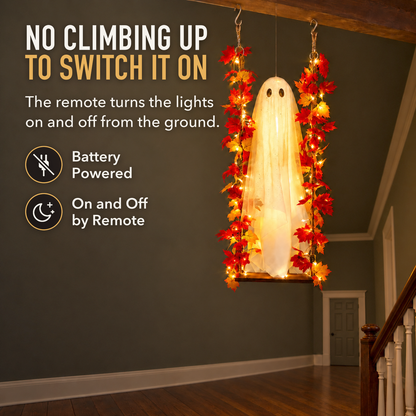 Ghost swing hanging high in a hallway stairwell in the evening, well above the top of a door, with the words No Climbing Up To Switch It On