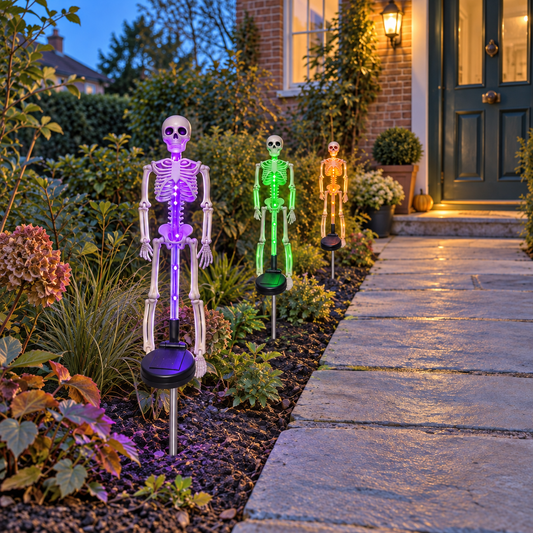 Three solar skeleton stake lights glowing purple, green and orange along a flagstone path to a front door at dusk