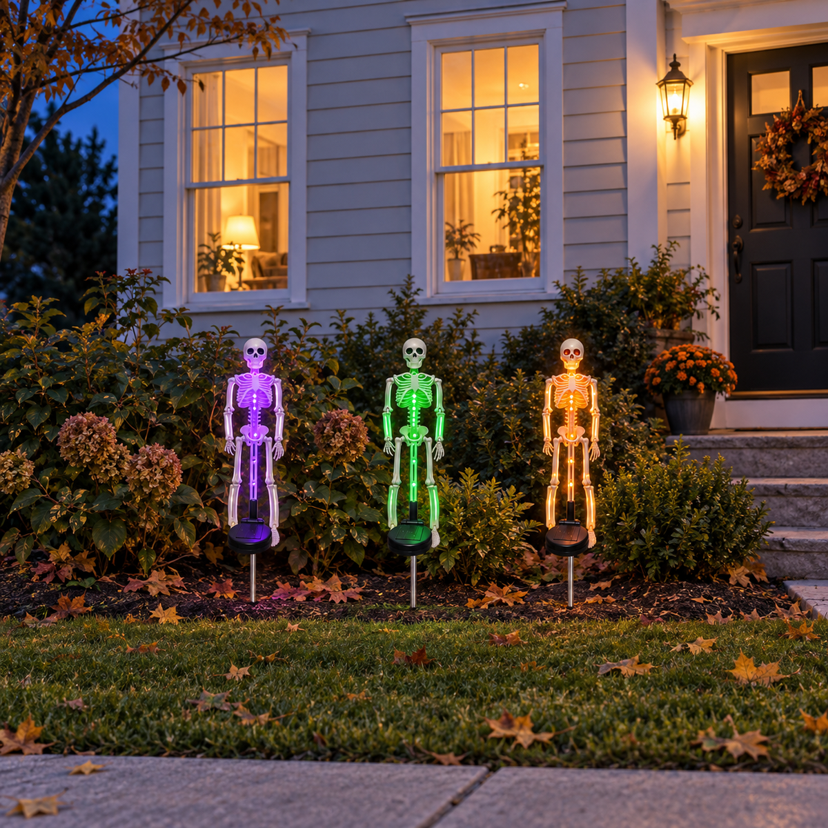 Purple, green and orange skeleton stake lights glowing in a front flowerbed, seen from the sidewalk in the evening