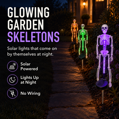 Three solar skeleton stake lights glowing purple, green and orange along a garden path at night, with the words Glowing Garden Skeletons, Solar Powered, Lights Up at Night and No Wiring