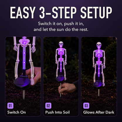 Three panels of a purple solar skeleton stake light in garden soil at night, a hand at its solar panel, a hand pushing the stake in, then glowing on its own, with the words Easy 3-Step Setup, Switch On, Push Into Soil and Glows After Dark