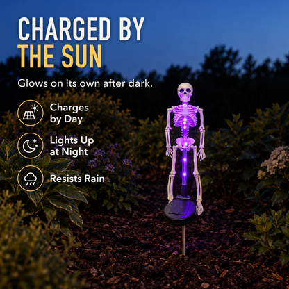 Purple solar skeleton stake light glowing in a garden bed at dusk above its solar panel, with the words Charged by the Sun, Charges by Day, Lights Up at Night and Resists Rain