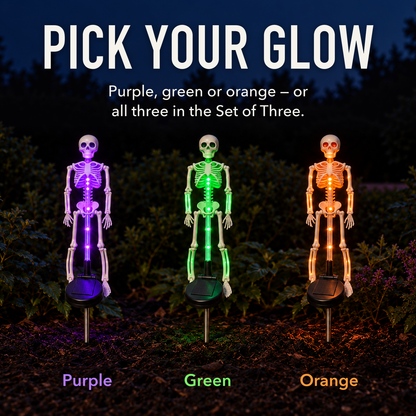 Purple, green and orange solar skeleton stake lights side by side at night, with the words Pick Your Glow